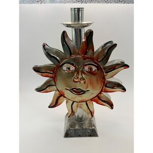 Vtg Mexican Folk Art Tin Sun Face Candlestick Holder Double Sided Celestial